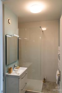 a bathroom with a sink and a shower with a mirror at Les Beaux Jours, Tours in Tours
