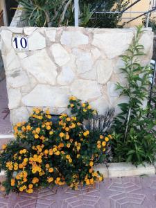 a bunch of yellow flowers in front of a stone wall at Casa EL CASTILLO ,a 5 kilómetros de la playa in Mazarrón