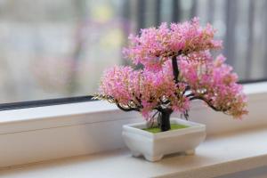 two pink flowers in a white vase on a window sill at Dark Blue and Grey Apartment with Pastel Bedroom in Warsaw by Renters in Warsaw