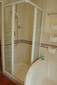 a shower with a glass door next to a toilet at Cadair View Family Holiday Home in Tywyn