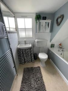 uma casa de banho com um WC com lavatório e uma banheira em Cottages at Woodlands, Dormer em Wareham