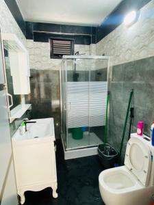 ein Bad mit einer Dusche, einem WC und einem Waschbecken in der Unterkunft Sunset Chalet in Mullaittivu