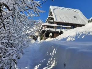 希格斯多夫Haus mit Bergblick的一座被雪覆盖的房子旁边是一堆雪