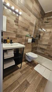 La salle de bains est pourvue d'un lavabo, de toilettes et d'une douche. dans l'établissement B&B Dolac, à Zagreb