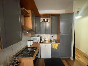 una pequeña cocina con fogones y fregadero en Appartement spacieux pour un séjour inoubliable en Bruselas