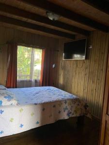 1 dormitorio con 1 cama, TV y ventana en Cabaña Rancho Don Marino, en Cartago