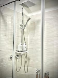 La salle de bains est pourvue d'une cabine de douche en verre. dans l'établissement Civico 31, à Verceil