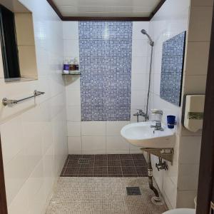 ein Bad mit einem Waschbecken und einer Dusche in der Unterkunft Brown Hotel in Seoul