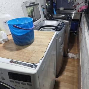 a washing machine with a blue bucket on top of it at Brown Hotel in Seoul