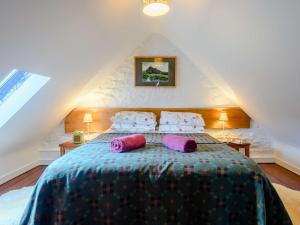 a bedroom with a bed with purple pillows on it at 1 bed in Cantref BN264 in Brecon