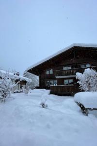 a house covered in snow in front of it at Apartment Chalet Ilge by Interhome in Lenk