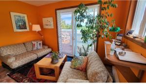 a living room with a couch and a plant in it at Gîte Aux Jardins De L'Anse in Perce