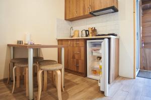eine kleine Küche mit einem Tisch und einem Kühlschrank in der Unterkunft Tornisa kazbegi in Kazbegi