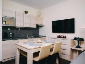 a kitchen with a table with chairs and a tv at Studio Harrachov Resident by Interhome in Harrachov