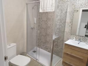 y baño con ducha, aseo y lavamanos. en Hotel El Duende en Madridejos