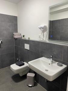 a bathroom with a sink and a toilet and a mirror at New York Appartement in Bad Salzuflen +17 photos