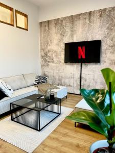 een woonkamer met een bank en een tv bij LE Vacation 3-Room-City-Apartment, Küche, Neflix, Free TV in Leipzig