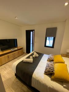 a bedroom with a large bed and a flat screen tv at NB Mountain aparts El Chalten in El Chalten