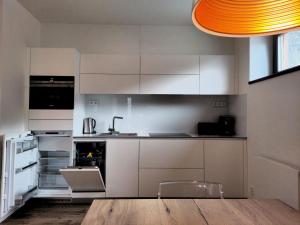 Kuchyň nebo kuchyňský kout v ubytování Tichý Apartmán u Mumlavského vodopádu 2KK s garáží v těsné blízkosti Hornického muzea - by Relax Harrachov