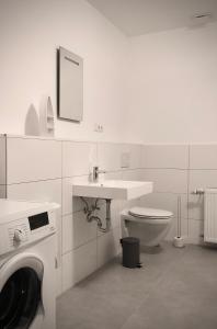 een witte badkamer met een wastafel en een toilet bij Schneiders Ferienwohnung 2 in Braunshausen