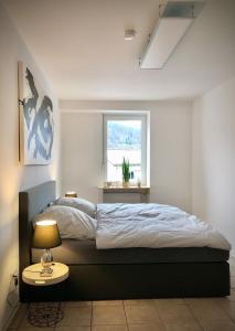 um quarto com uma cama e uma janela em Schneiders Ferienwohnung 2 em Braunshausen