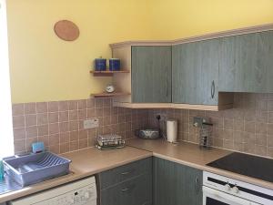 cocina con armarios verdes y encimera en Apartment Old Edinburgh Cottage by Interhome en Inverness
