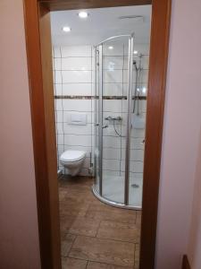 ein Bad mit einem WC und einer Glasdusche in der Unterkunft Haus Anita in Grän