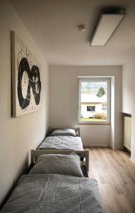 2 letti in una camera da letto con finestra di Schneiders Ferienwohnung 1 a Braunshausen