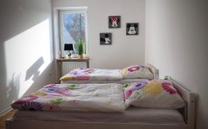 2 camas individuais num quarto com uma janela em Schneiders Ferienwohnung 4 em Braunshausen