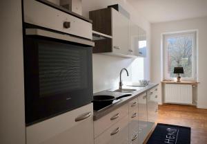 uma cozinha com um lavatório e um fogão forno superior em Schneiders Ferienwohnung 4 em Braunshausen