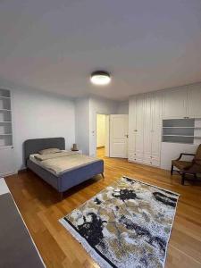 1 dormitorio con cama y alfombra en el suelo de madera en Luxurious House for Rent, en Pristina