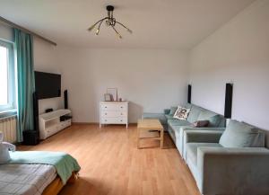 a living room with a couch and a tv at Domek Wilgówka in Jastrzębia