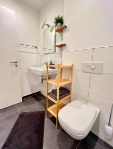 een witte badkamer met een toilet en een wastafel bij Modernes Mini-Apartment in Kehl Kork in Kehl am Rhein