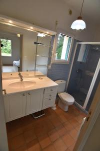 een badkamer met een wastafel, een douche en een toilet bij Vacances familiales a Erquy in Erquy