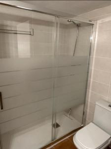 y baño con ducha de cristal y aseo. en CHECK-IN CASAS Casa Benas en Benasque