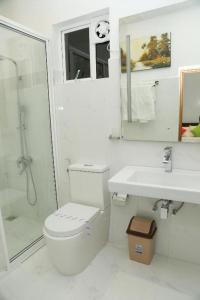 een badkamer met een toilet, een douche en een wastafel bij The Rosedale Grand Bungalow Nuwara Eliya in Nuwara Eliya