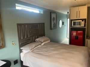 ein Schlafzimmer mit einem Bett und einer Mikrowelle an der Wand in der Unterkunft 28 on Symonds luxstudio 6 for couples with solar backup in George