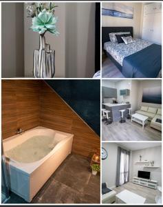un collage di immagini di una camera con vasca da bagno di Apartamento Cabildo Spa 2 a Sanlúcar de Barrameda