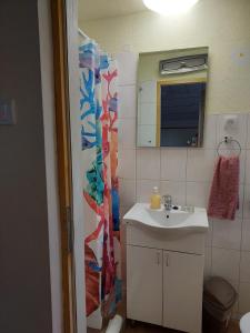 uma casa de banho com um lavatório e um espelho em Аpartman ELENA em Rakovac