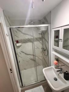 a bathroom with a shower and a sink at En-suite Room with Independent Entrance. in Edinburgh