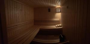 a sauna with a row of benches in a room at Willa Rembisz in Łapsze Niżne