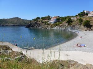 a beach with people swimming in the water at Apartment Rovellada Platja in Colera