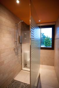 a bathroom with a glass shower with a toilet at Hotel Villaro Del Bosc in Freixinet