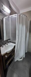 y baño con lavabo blanco y ducha. en Hotel Bertiami en Mar del Plata