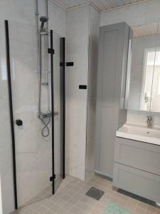ein Bad mit einer Dusche und einem Waschbecken in der Unterkunft 3 Bedroom Duplex apartment in Helsinki