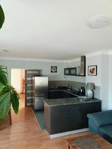 - une cuisine avec un comptoir noir dans une pièce dans l'établissement Apartament nad Potokiem, à Piechowice