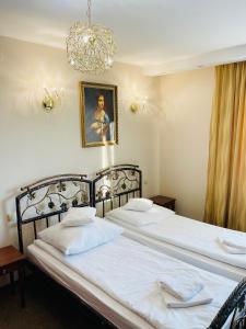 two beds in a bedroom with a chandelier at Pokoje noclegowe KASZTEL - Łowisko in Łowisko