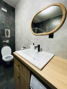 a bathroom with a sink and a mirror at Apartmán Twins Blue blízko centra in Michalovce