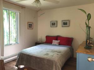 - une chambre avec un lit doté d'oreillers rouges et une fenêtre dans l'établissement Quiet cozy apartment with A/C, backyard, Netflix, à Montréal