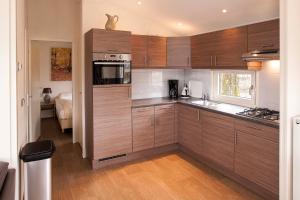 a kitchen with wooden cabinets and a sink and a stove at Brunninkhuizerbeek in Hezingen